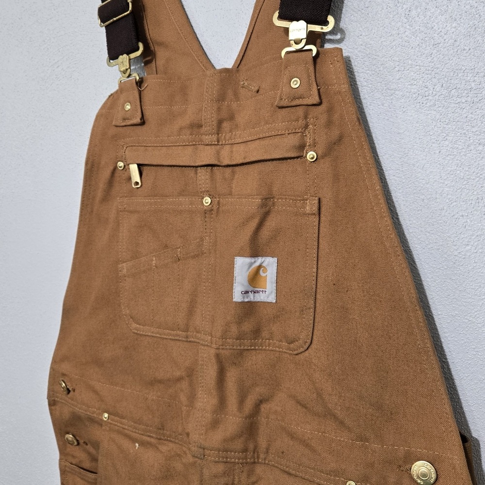 Carhartt Bib Overalls Brown Canvas RN14806 Workwear Duck Chore Men 34x32 STAINED - Picture 9 of 15